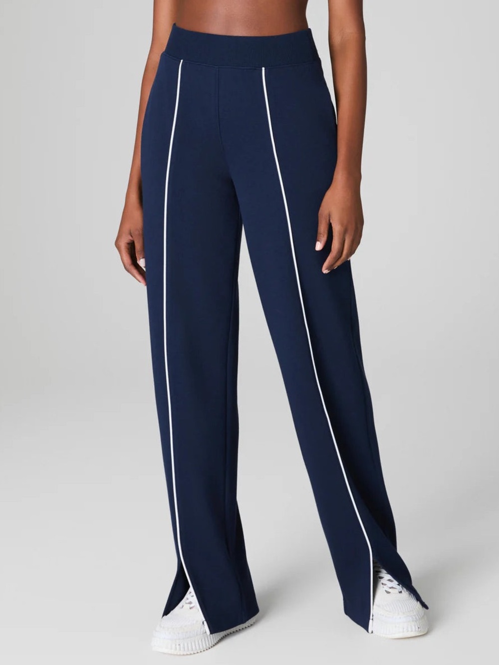 Navy Wide-Leg Track Pants with White Piping